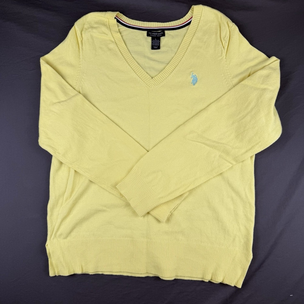 U.S. Polo Assn. Yellow V-Neck Pullover Sweater Tight-Knit Logo Women's Size L